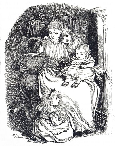 Illustration, der viser en mor med sine børn af Mary Ellen Edwards