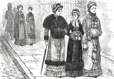 Illustration, der viser unge kvinder med muffer, for at holde deres hænder varme i det koldere vejr af Mary Ellen Edwards