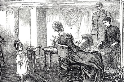 Illustration af en lille pige, der bliver passet af sine tanter og onkel en eftermiddag af Mary Ellen Edwards