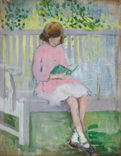 Pige læser (olie på træ) af Mary Ethel Hunter