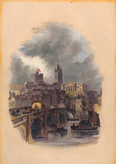 The Old Tyne Bridge, Moot Hall, St Nicholas Cathedral og Castle (blæk og wc på papir) af Mary Jane Hancock