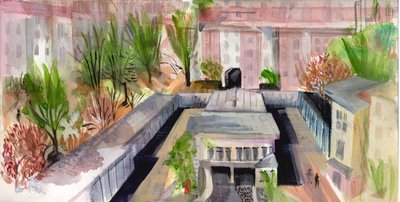 Berlin gårdhave, 2004 (pen og akvarel) af Mary Kuper