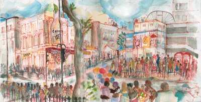Carnival, Ladbroke Grove, 2017 (pen og akvarel) af Mary Kuper