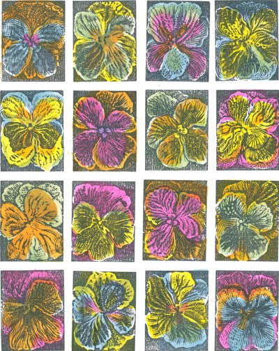 Elektriske stedmoderblomster, 2016 (vinylgravering, pochoir) af Mary Kuper