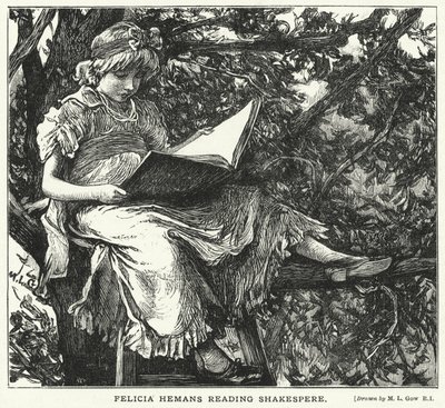 Felicia Hemans Reading Shakespere (gravering) af Mary L. Gow