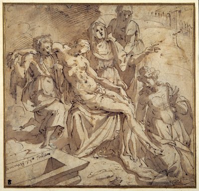 Pietaen (pen og brunt blæk med brun vask på hvidt papir) af Maso da San Friano
