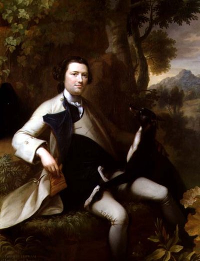 Francis Popham (d.1780) siddende i et skovklædt landskab med sin Greyhound (olie på lærred) af Mason Chamberlain