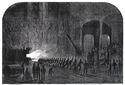 Processen med at rulle panserplader til Hendes Majestæts skibe på Alas Steelworks, Sheffield, illustration fra 