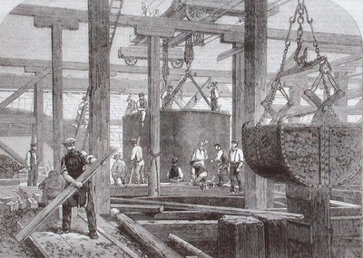 Udsigt over byggearbejde, der finder sted ved Blackfriars Bridge for London, Chatham og Dover Railway, der viser synkningen af en cylinder til en af de cirkulære stenmoler af Mason Jackson