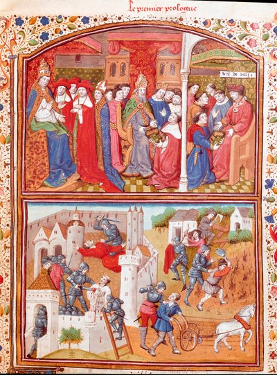 Prolog: Forfatteren præsenterer sin bog til hertugen af Berry og scene for massakre på plove Miniature taget fra "" Cases of noble men and women unfortunes"" (De casibus) af Giovanni Boccaccio dit Jean Boccace (1313-1375), italiensk forfatter , oversat af  af Master Dunois