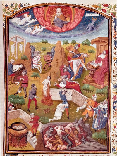 Vision of Boccace: scene for tortur, hængning, massakre Miniature taget fra "" Cases of noble men and women unfortunes"" (De casibus) af Giovanni Boccaccio dit Jean Boccace (1313-1375), italiensk forfatter, oversat af Laurent de Premierfait og enlumine af  af Master Dunois