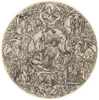 Johannes Døberen i ørkenen med Guds Lam, omgivet af symbolerne fra evangelisterne og kirkens fire fædre af Master E.S.