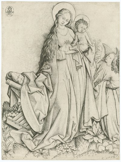Madonna med engel, der giver roser af Master E. S.
