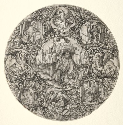 Johannes Døberen omgivet af den latinske kirkes evangelister og fire fædre, 1466. af Master E. S.