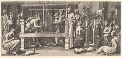 Kvinder spinder, væver og syr, 1540-50. af Master FG