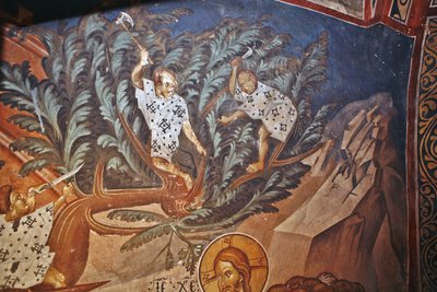 Kristi indtog i Jerusalem. Detalje: Børn skærer palmegrene, 1300-tallet af Master Gerasime