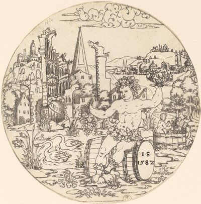 Bacchus siddende i et landskab af Master IS.
