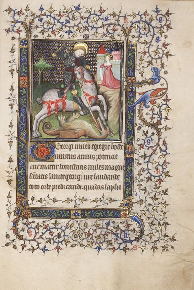 MS Widener 4 f.188r, St. George Fighting the Dragon, fra a Book of Hours, brug af Rennes, c.1405 (pen & blæk og tempera på vellum) af Master Lucon