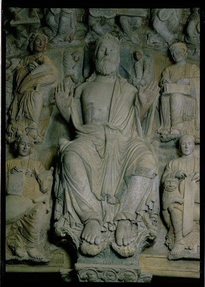 Detalje af Portico de la Gloria, der forestiller Kristus i majestætssten af Master Mateo