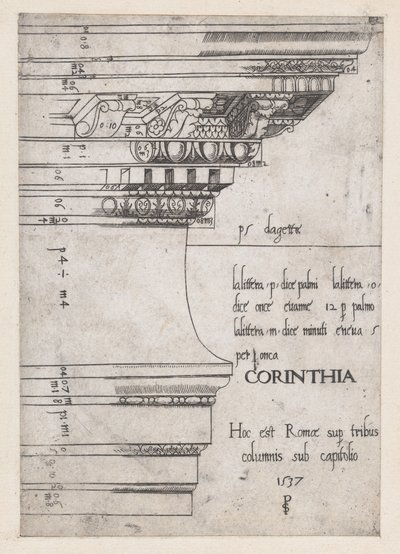 Mirror of Roman Magnificence: Entablatur fra Castor og Pollux-templet, Rom, 1537., 1537 af Master PS