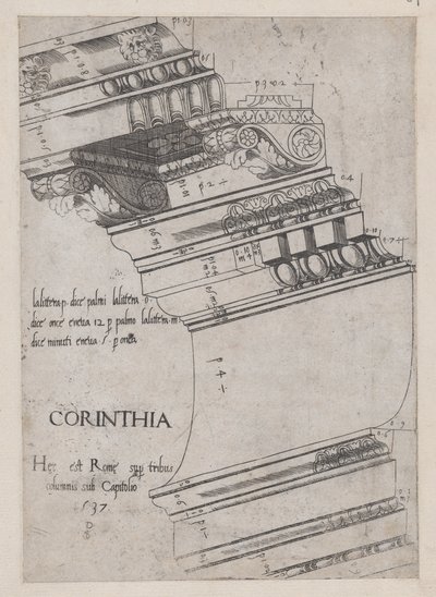 Mirror of Roman Magnificence: Entablatur fra Vespasians tempel, Rom, 1537., 1537. af Master PS