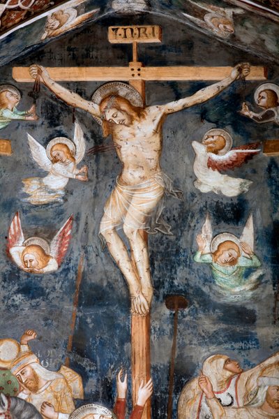 Korsfæstelsesdetaljen, der repræsenterer Kristus med inskriptionen INRI af Master Trecentesco of Sacro Speco School