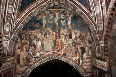 Korsfæstelsesfresken af Mesteren af Sacro Speco. 14. århundrede. Superior Kirke. Klosteret Saint Benedetto (Sacro Speco), Subiaco (Rom), Italien af Master Trecentesco of Sacro Speco School