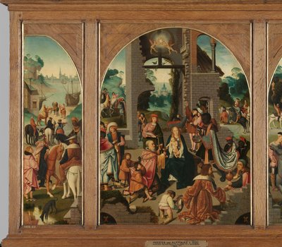 Triptykon med tilbedelse af Magi (midter og indre vinger), Saint Antony Abbed (venstre, ydre fløj) og Saint Adrian (højre, ydre fløj) af Master of Alkmaar (attributed to)