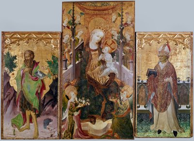 Jomfru med barn, Johannes Døberen og Sankt Ambrosius - Altertavle med tre paneler, omkring 1430 af Master of Burgo de Osma