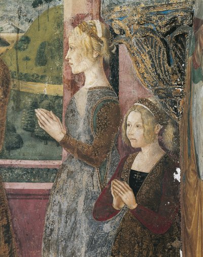 Italien, Piemonte-regionen, Alessandria-provinsen, Serralunga di Crea, Sacro Monte di Crea, Sanctuary of Santa Maria Assunta, St. Margaret-kapellet af Antiochia, Fresco forestillende Paleologo og Bernarda di Bosse af Master of Crea