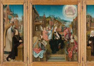 Triptykon med jomfru og barn med hellige (i midten), mandlig donor med Saint Martin (venstre, indre vinge), kvindelig donor med Saint Cunera (højre, indre vinge) og bebudelsen (ydre vinger) af Master of Delft