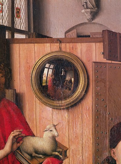 Johannes Døberen og giveren, Heinrich Von Werl, fra Werl-altertavlen, detalje af spejlet, ca. 1438 (se også 36923) af Master of Flémalle