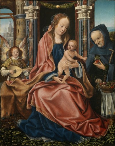 Triptykon af den hellige familie med musik, der gør engle. Centralpanel, ca 1510-1520 af Master of Frankfurt