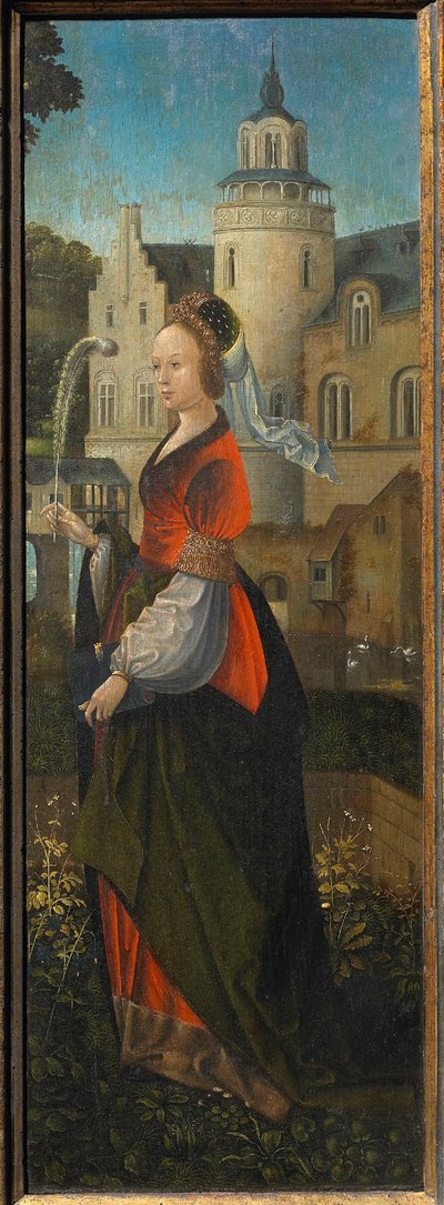 Sankt Barbara. Hellig familie med engle og hellige Catherine og Barbara Triptykon, 1500-tallet. af Master of Hoogstraeten