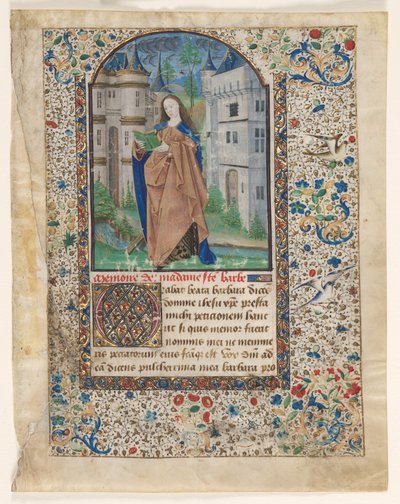 Blad fra en timebog: St. Barbara (2 af 2 udskårne blade) af Master of Jacques de Luxembourg