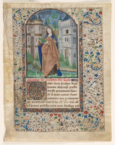 Blad fra en timebog: St. Barbara 2 af 2 udskårne blade, ca. 1465. af Master of Jacques de Luxembourg