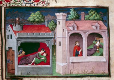 Galant scene: to par taler. Side af et manuskript på fransk af "Decameron"" af Giovanni Boccaccio dit Jean Boccace (1313-1375), italiensk forfatter, oplyst af Mesteren af Mansel. 1450. Paris, Arsenals bibliotek af Master of Jean Mansel