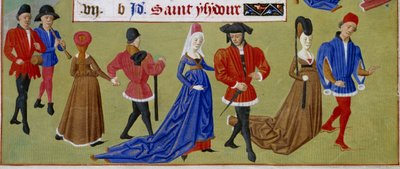 maj: hofmændene går. Detalje af en oplyst manuskriptside hentet fra "" Book of Hours of the Duchess of Burgundy, Adelaide of Savoy" af Mesteren af Adelaide af Savoyen (1400-tallet) og Mesteren af Jean Rolin (1400-tallet) af Master of Jean Rolin II