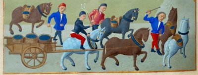 Druehøsten og transporten Detalje af en oplyst manuskriptside taget fra "" Book of Hours of the Duchess of Burgundy, Adelaide of Savoy" af Mesteren af Adelaide af Savoyen (1400-tallet) og Mesteren af Jean Rolin (1400-tallet) af Master of Jean Rolin II