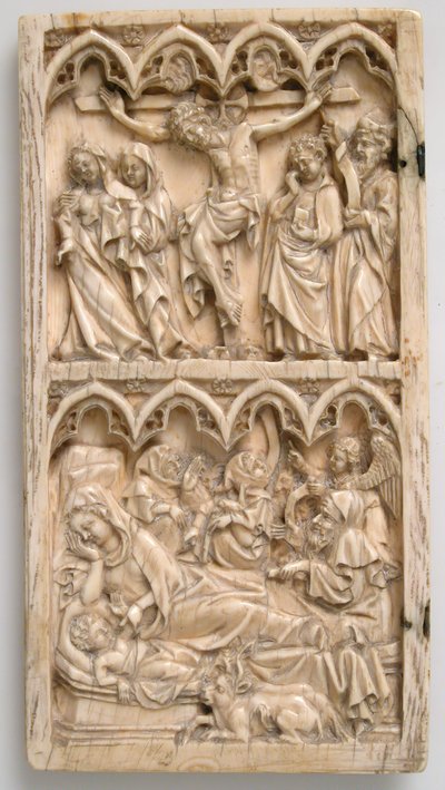 Blad fra en Diptykon med korsfæstelse og fødsel, tysk, ca. 1375-1400. af Master of Kremsmunster