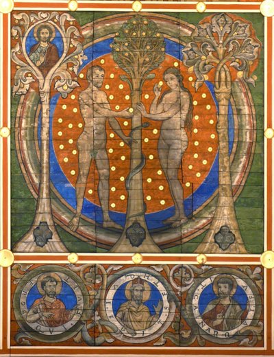 dam og Eva. Detalje af det malede træloft i St. Michaels Kirke, Hildesheim, ca 1230 af Master of Lower Saxony
