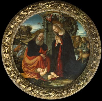 Fødselen med Maria og Josef på vej til Betlehem, bebudelsen til hyrderne og hyrdernes ankomst (olie på panel) af Master of Marradi
