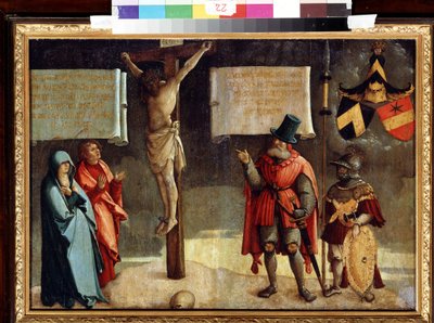Korsfæstelse med donorer. Korsfæstelse med donorer. Maleri af mesteren af ​​Messkirch (ca. 1500-1543). Olie på træ. Tysk renæssancekunst. Museum of Fine Arts, Pushkin, Moskva af Master of Messkirch