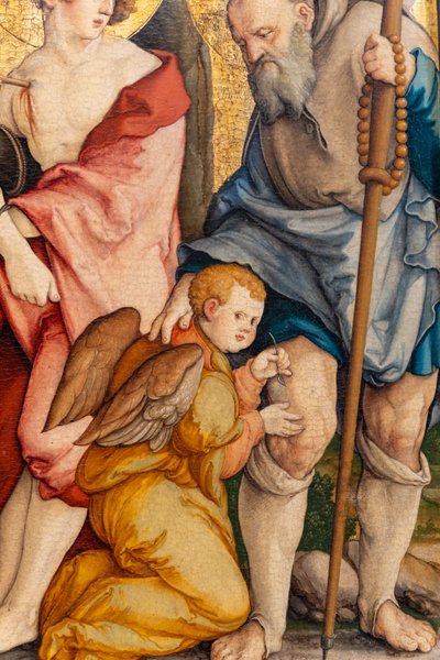 Tysk: Die Heiligen Sebastian und Rochus De hellige Sebastian og Roch af Master of Messkirch