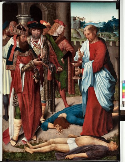 Episode af Sankt Johannes evangelists liv: "Giftbægerets mirakel" (Life of St John evangelist, Sankt Johannes drikker en kop gift) Maleri af mesteren af San Giovanni evangelista (Saint John Evangelist) (slutningen af 15. århundrede) Dim 120x90 cm Gen af Master of Saint John Evangelist