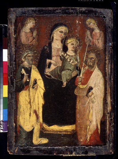 "Madonna og barn på tronen med de hellige Peter og Paul" (Madonna og barnet på tronen med de hellige Peter og Paulus) Maleri på træ af mesteren af ​​San Jacopo i Muciano (1400-tallet) Pushkin Museum, Moskva af Master of San Jacopo a Mucciana