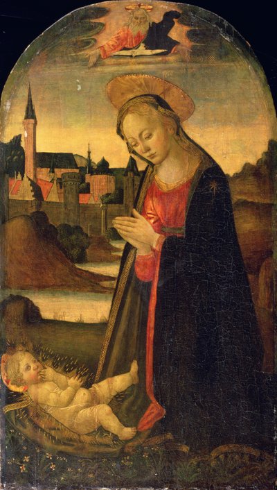 The Madonna Adoring the Child, A Town on a River beyond, ca. 1478 (olie på panel) af Master of San Miniato