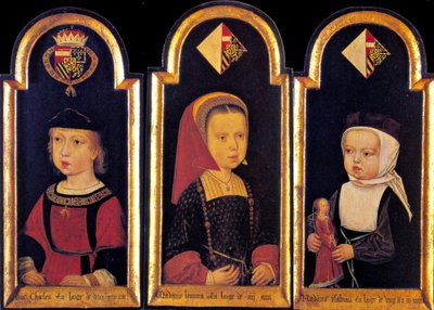 Ærkehertug Karl, den senere hellige romerske kejser Karl V., med sine søstre Eleanor og Isabella i en alder af 2 år, 1502 af Master of St.Georgsgilde