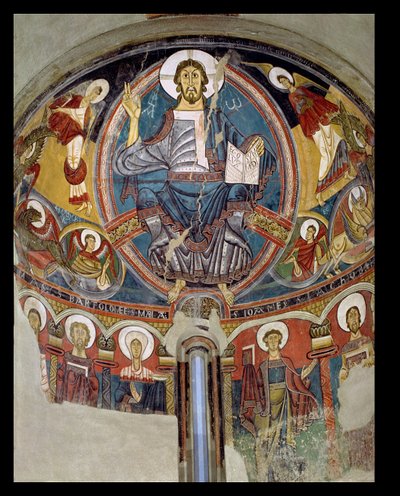 Kristus i Majestæt flankeret af serafer og symboler på evangelisterne, apsis fresko fra San Climente i Taull (Tahull) Catalonien, ca. 1123 (fresko) af Master of Tahull