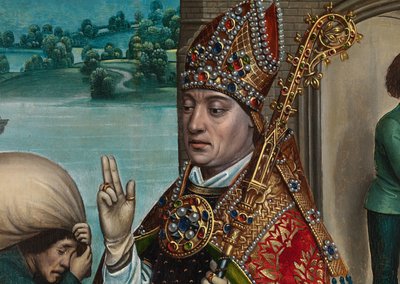 Detalje af kornets mirakel, fra St. Nicholas altertavle, ca. 1486-93 (olie på panel) af Master of The Legend of St. Lucy